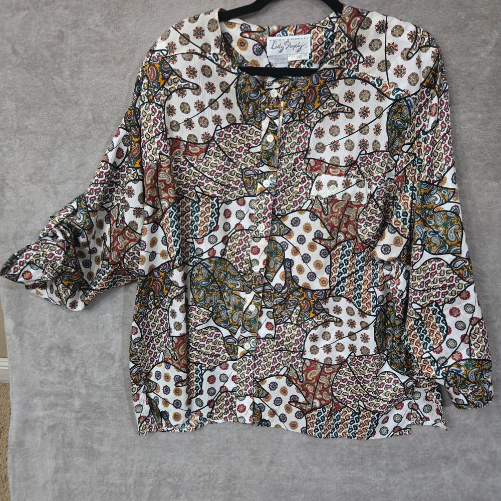 Vtg Kathy Comelli for Lady Shapely Top 3X Paisley Artsy Eclectic Statement‎